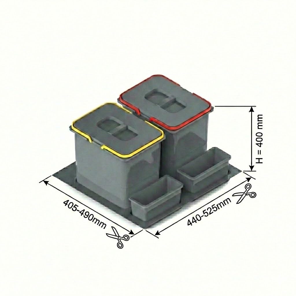 REJS Système de Tri Sélectif Cuisine 60 cm 2 Bacs 52,5x49x40 cm (2x 20L) Poubelle Encastrable Argenté