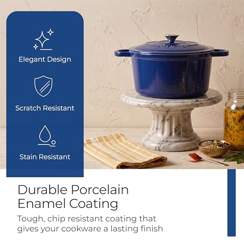 Image of Lifelong Enamel Cast Iron Dutch Oven with Lid (5.6L, 28cm) | Oven, Gas & Induction Compatible | Slow Cooking, Even Heat Distribution, Nontoxic, Durable, Naturally Nonstick, No Stains & Scratch (Blue)