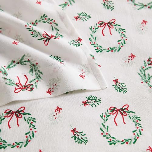 Image of Martha Stewart - Flannel Sheets Queen Size, Anti-Pilling & Wrinkle Resistant Cotton, Touchably Soft for All-Season Comfort - Matching Pillowcases & Fitted Sheet (Wreaths & Mistletoe Green)