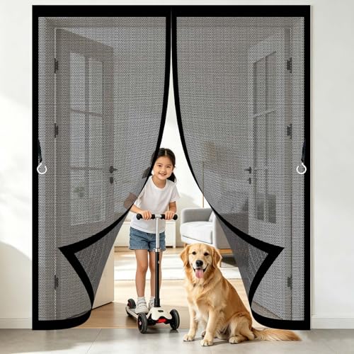 Mosquitera Puerta Magnetica 64 x 182 cm Malla Ultrafina, Transpirables, Fácil Instalación Adhesiva Magnético Cortina para Protección Contra Insectos para Salón, Balcón, Negro