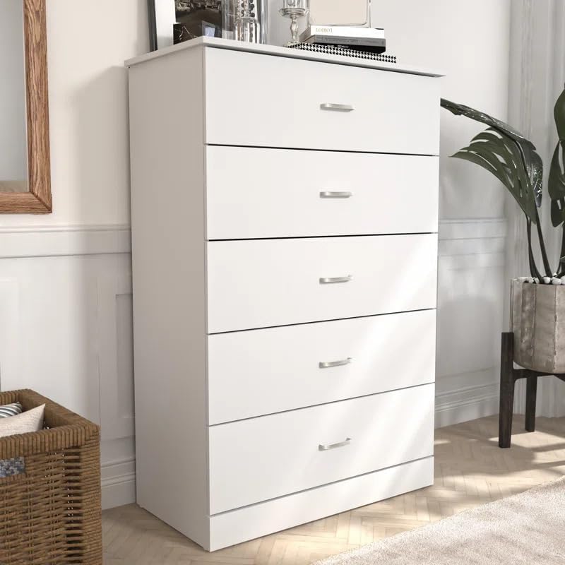 Solid MDF Wood Chest of Drawer with Drawers Storage Sideboard Cabinet with 5 Drawers Chest for Living Room & Bedroom (Jaden, White)-image-28