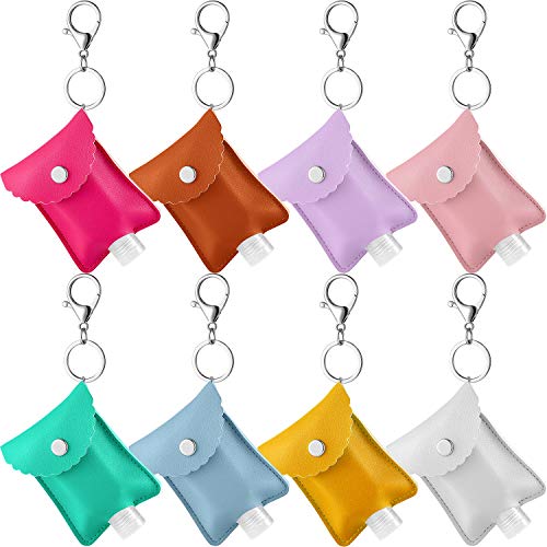 8 Pieces Empty Travel Bottle Keychain Holder Artificial Leather Keychain Holder with 8 Pieces Clear Refillable Empty Bottle 30 ml Reusable Plastic Flip Cap Bottles for Liquid Toiletries