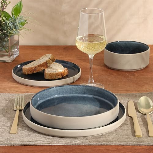 Image of Gibson Elite Liberty Bay 16-Piece Pottery Clay Stoneware Dinnerware Set - Blue Reactive Glaze, Stackable Plates and Bowls W /Pasta Bowl, Service for 4 - Microwave & Dishwasher Safe