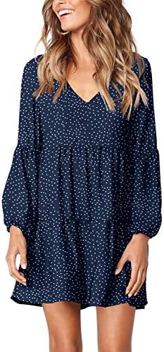Amoretu Long Sleeve Tunics Loose Swing Shift Dress for Women Polka Dot Navy XXL