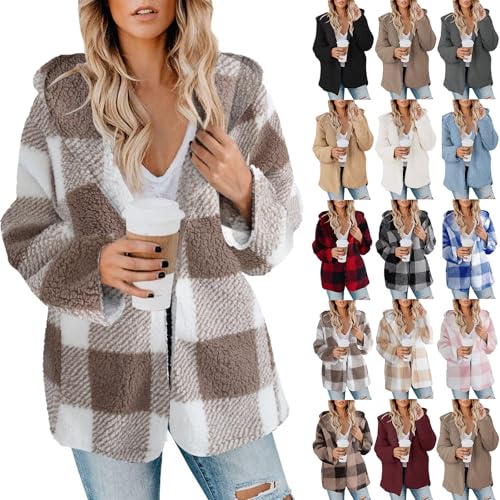 Sherpa Jacket Women Plaid Fleece Jacket Open Front Flannel Hooded