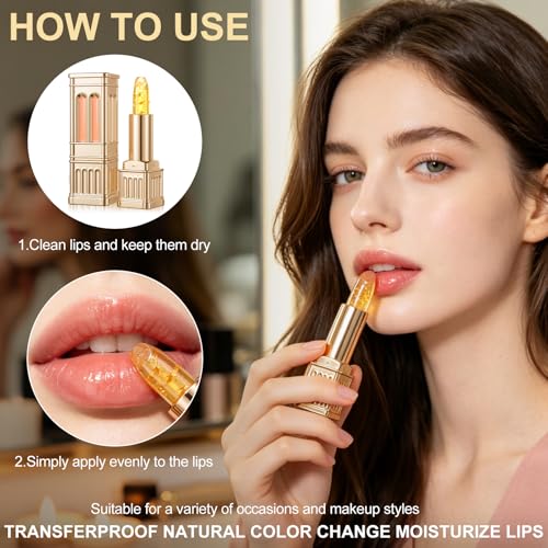 Image of 2Pcs PH Color Changing Lipstick, Clear to Tinted Lip Balm, Long Lasting Hydrating Lip Gloss, Non-Sticky, pH Adaptive Lip Makeup for All Skin Tones (Gold Pink)