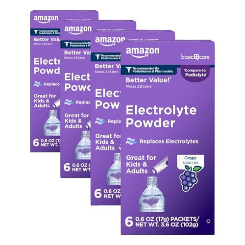 Image of Amazon Basic Care Electrolyte Powder Packets for Rehydration for Kids & Adults, Grape Flavor, 6 Count (Pack of 4)