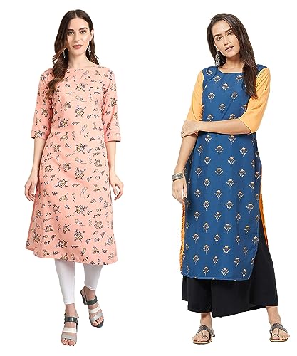Image of LookMark Women's Crepe Red & White Color 3 /4 Sleeve Straight Printed Kurta | Kurti Combo Pack of 2