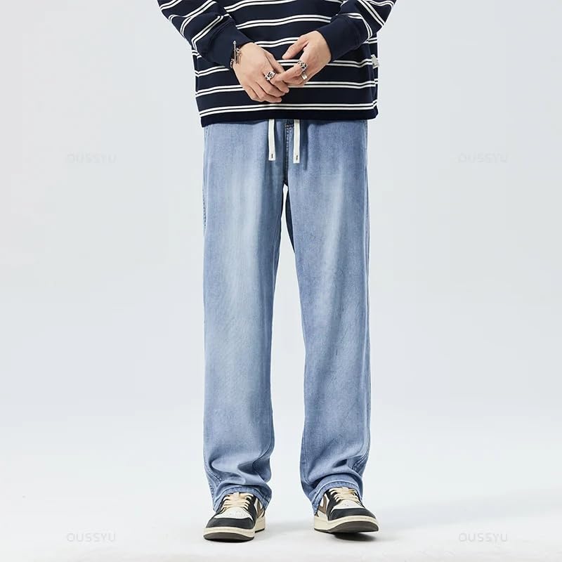 Summer Thin Jeans Men Elastic Waist Loose Straight Thick Denim Trousers Male4