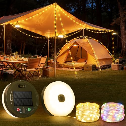 Camping Lichterkette Aufrollbar Tragbare 3 in 1 Lichterkette Außen Solar & USB Aufladbar Camping Licht 10M mit 13 Beleuchtungsmodi Wasserdicht LED Lichterkette Camping Gadgets für Wohnmobil Wandern