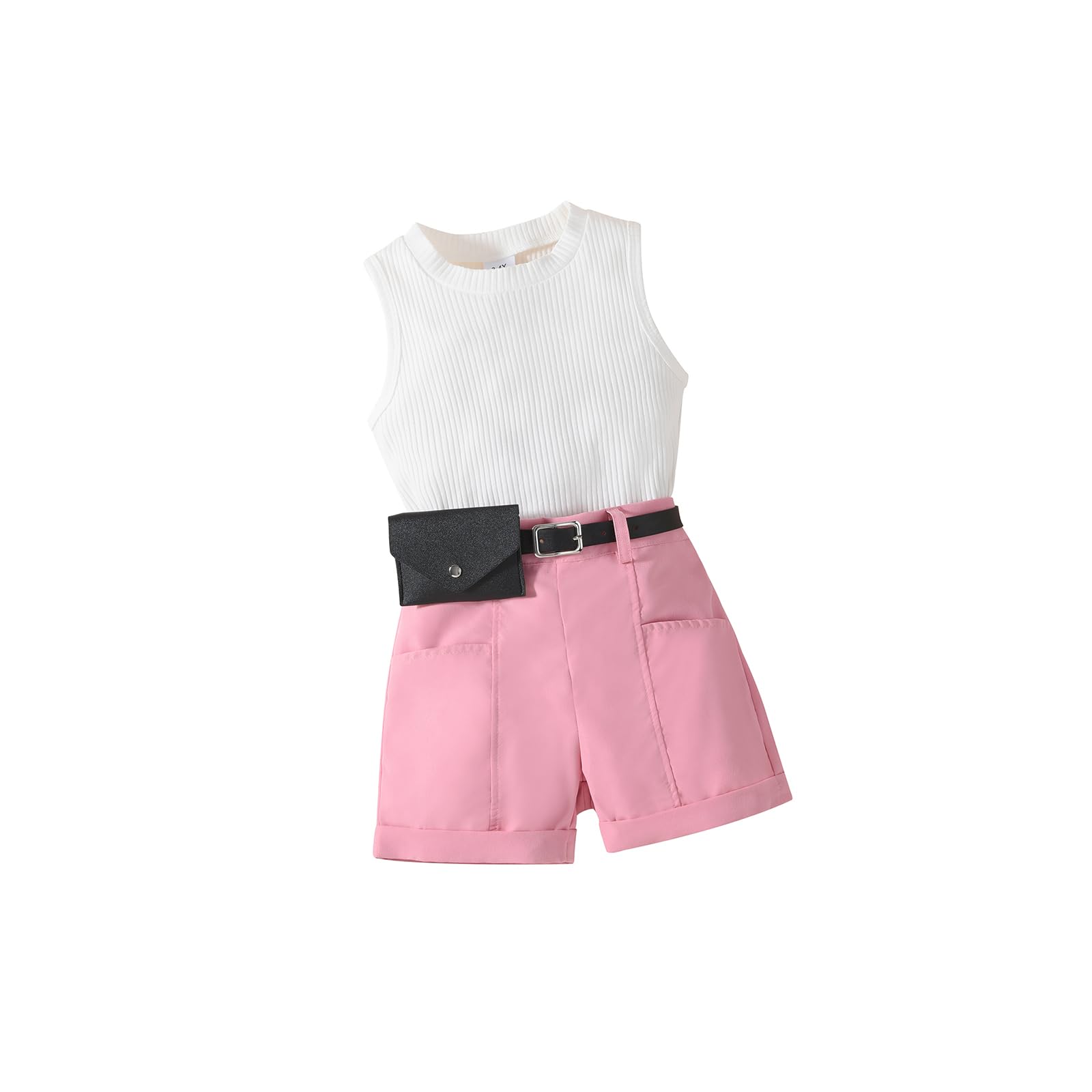 Photo 1 of AMMENGBEI Toddler Little Girl Summer Outfits Sleeveless Tank Top Shorts with Belt Bag Set Kids Fashion Clothes 3-4T White Shirt+pink Shorts
