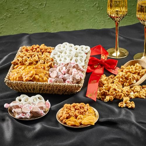 KREMERY Creamy Chocolate Cravings Purim Mishloach Manot Chocolate Covered Pretzels Caramel Popcorn Gift Basket in Seagrass Tray Ribbon Classic 15 lbs Birthday Sweet Treat Kosher Dairy