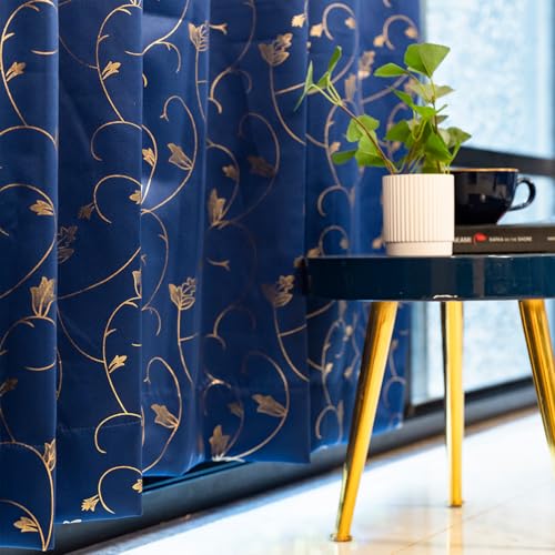 Image of Urban Space 80-85% True Blackout Curtains for Window, Gold Foil Printed Blackout Curtains, Decorative Window Curtain Eyelet with Tieback, 1 Piece Curtain for Living Room(Floral Vine N Blue, 5 Feet)