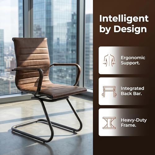 Image of HNY Leather Office Guest & Reception Chairs Set of 2, Modern Waiting Room Chairs with Arms, Desk Chair no Wheels with Sled Base for Waiting Room /Conference Room, Retro Brown