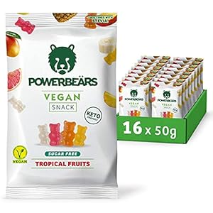 Powerbeärs Vegan Sugarfree Tropical Fruits | Pineapple, Grapefruit, Mango and Banana (16x50g)