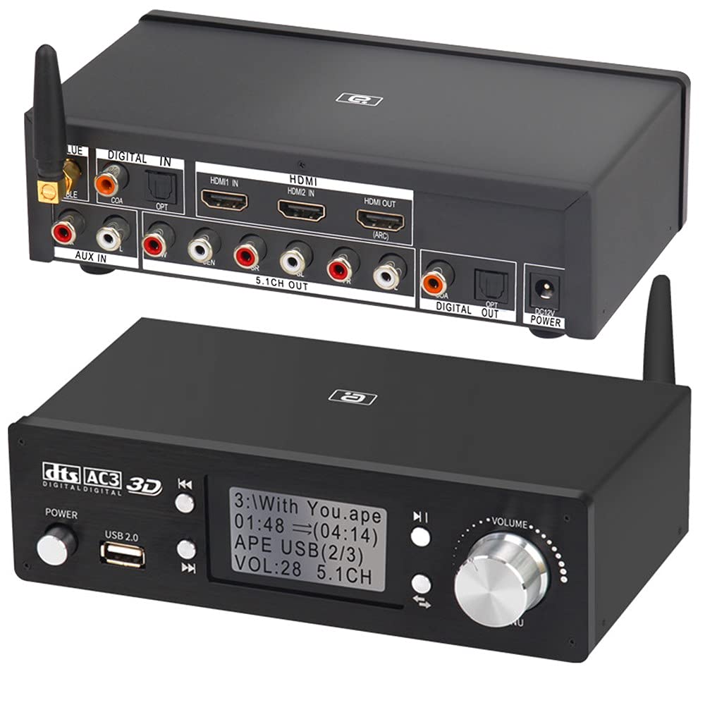 Decodificador de Audio 5.1 con DTS y Dolby, U-Disk con HDMI, Bluetooth 5.0, Fibra Óptica y ARC, DAC y Contenido en 4K * 2K para Extractor y Convertidor HDMI