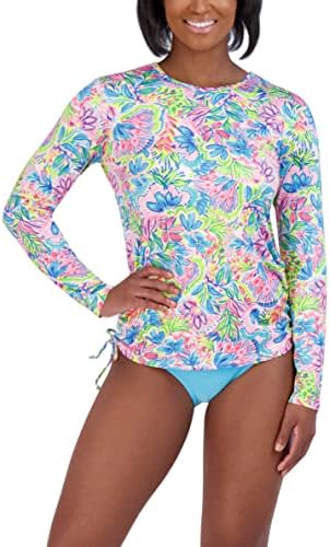 Stella Parker Women's Standard Long Sleeve Rashguard Adjustable Side Tie UPF 30+ Sun Protection Quick Dry Swim Shirt, Mermaid Lagoon Multi