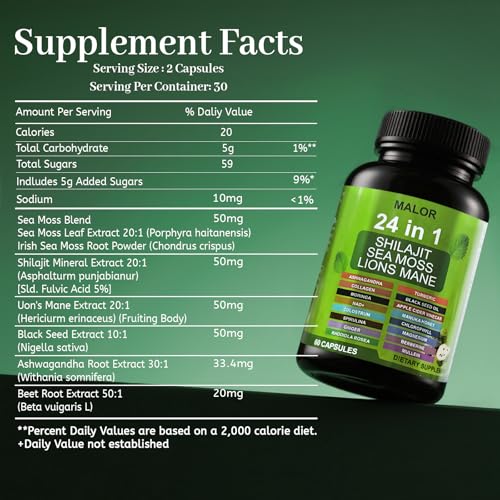 24 in 1 Soursop Graviola Capsules - Herbal Supplement with Shilajit, Sea Moss, Turmeric, Ashwagandha - Vegan, Non-GMO, 60 Capsules (1)