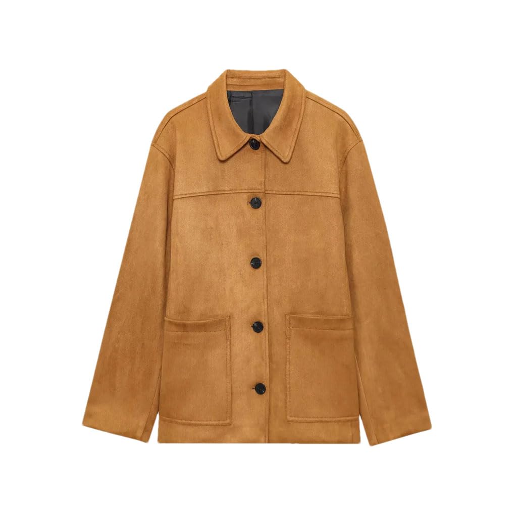 Ropa de abrigo elegante de corte recto con bolsillos grandes para mujer, de piel de ante de color liso, de manga larga