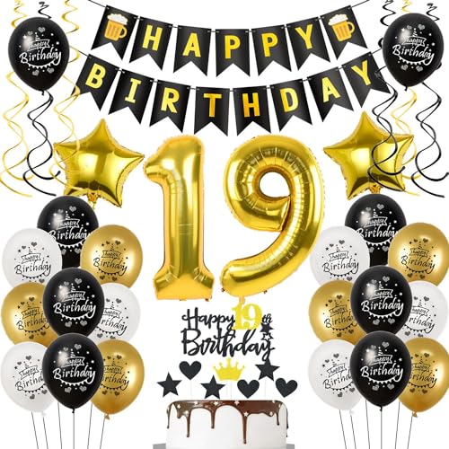 Décoration Anniversaire 19 Ans - Ballons Noir et Or pour Garçon et Fille - Déco Gâteau