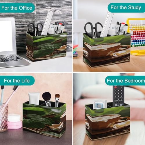 Porte-stylos en cuir premium café et feuilles vertes pour crayons