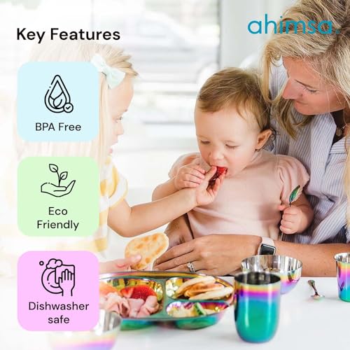 Ahimsa-Stainless-Steel-Dinnerware-Set-9-Piece-Dine-Develop-Set-Pediatrician-Designed-Toddler-Dinner-Set-100-BPA-Free-Dishwasher-Safe-Kids-Stainless-Steel-Plates-and-Bowls-Rainbow