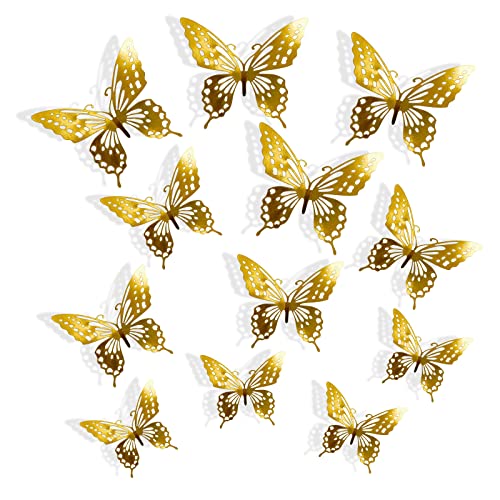 Farfalla Adesivi Murali,12 pcs 3D Adesivo da Parete Farfalla Decorazioni Parete Farfalle Decorative,per Domestica Bambini Camera Da Letto Decorazione Casa Torta Oro