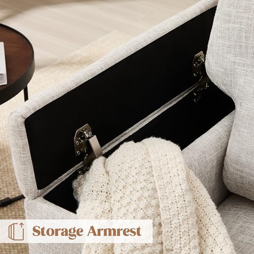 Image of Beige Accent Chair with Armrest Storage, Modern Upholstered Reading Living Room Chairs, Comfy Large Armchair, Fabric Single Sofa Chair for Bedroom