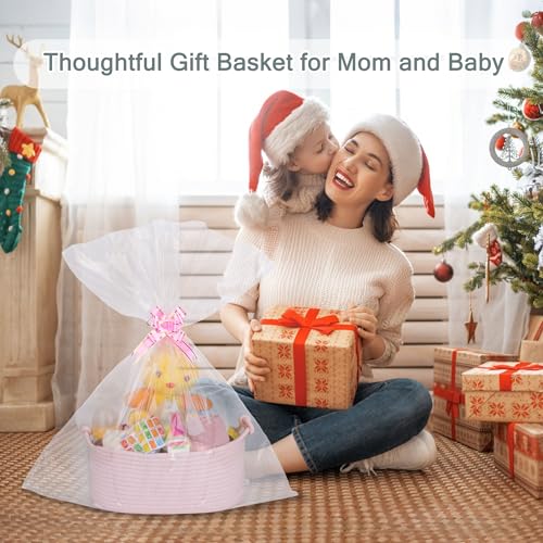 Image of COMSE Small Gift Basket Empty with Bag & Ribbons, Solid Light Pink