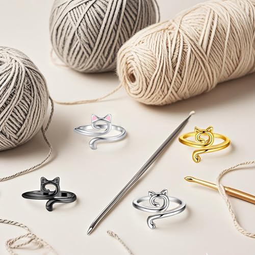 Image of 4PCS Adorable Crochet Rings with 7PCS Cat Stitch Markers and 20PCS Stitch Needle Clip Counter,Adjustable Tension Rings for Finger Accessories and Gadgets,Ideal Yarn Guide Ring Knitting Tools for Women