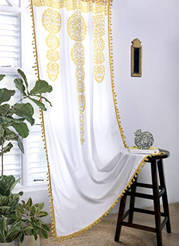 Image of Tranquebar Curtain Co. 100% Cotton, Moroccan Tasseled Geometric Print, Room Darkening Curtains for Window (with Back Tabs) - 5 Feet, Daira: Yellow, 1 Piece (Length 152 cm)