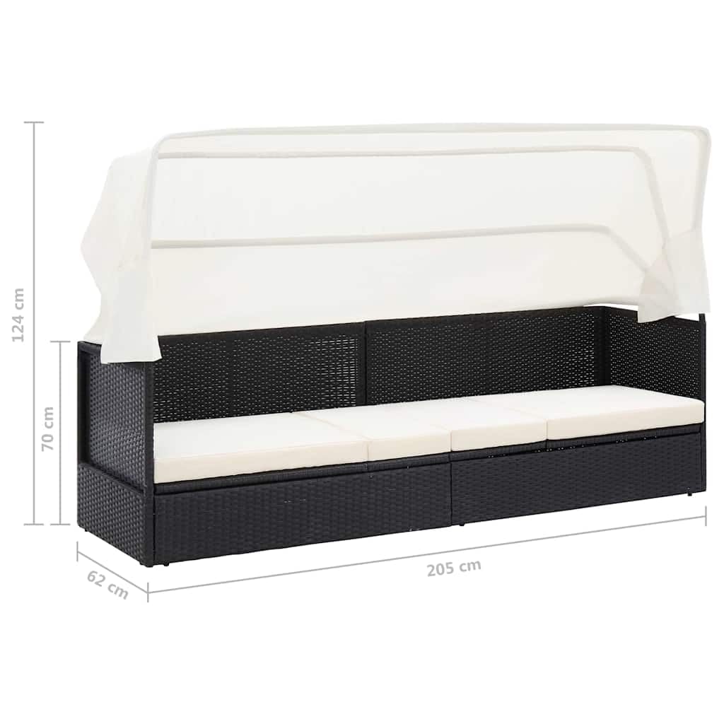 Divano da giardino in rattan sintetico con tettuccio parasole, nero, con telaio in acciaio verniciato a polvere, cuscino spesso rimovibile e tettuccio pieghevole, per giardino, terrazza, piscina