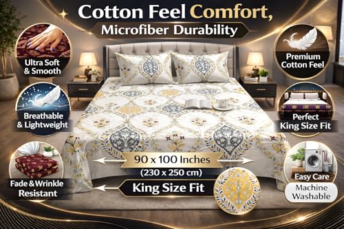 Image of Cotton Feel King Size Flat Bedsheet for Double Bed (90 x 100 Inches | 230 x 250 cm) with 2 Pillow Covers | Soft & Smooth Printed Bedsheet for Daily Use (White Boss, King Bed-90x100)