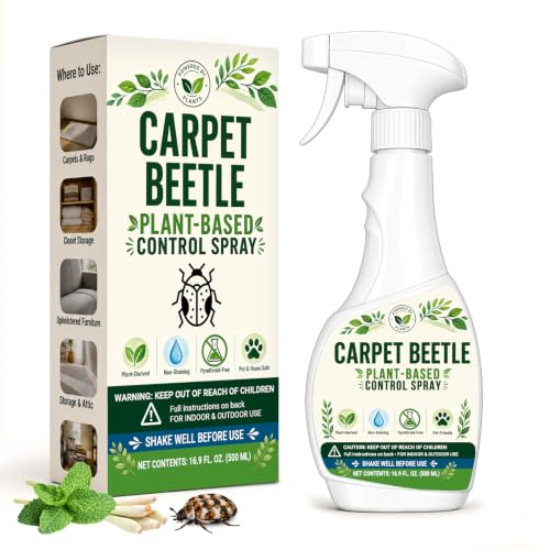 Carpet Beetle Spray, 16.9 Fl Oz, Natural Plant Based Treatment for Closets, Rugs and Furniture, Fast Acting Larvae and Egg Remover, Safe Indoor Repellent for Fabrics and Clothes