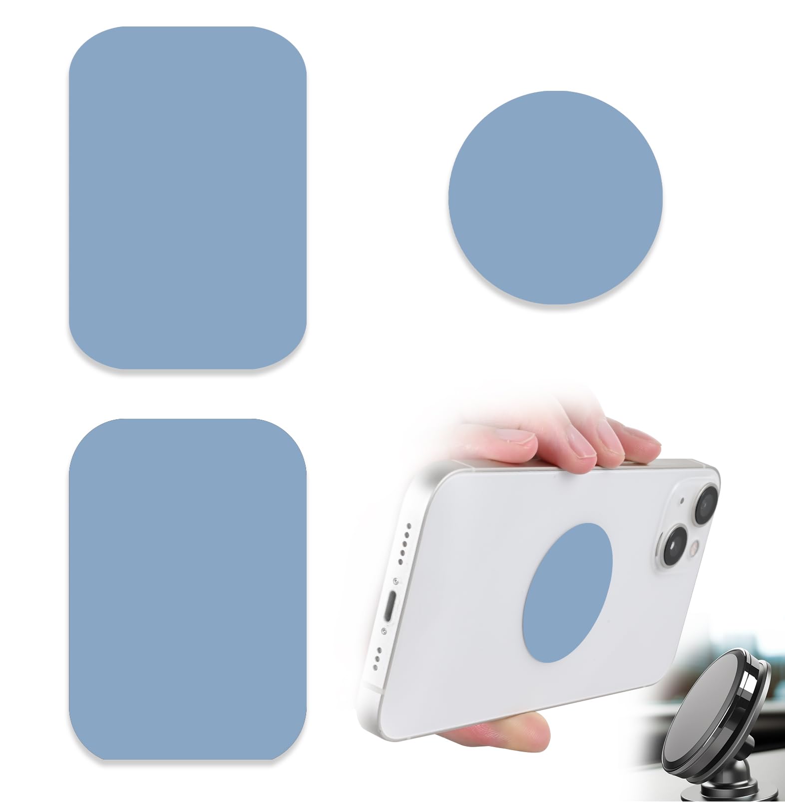 Phone Magnets - Universal Metal Plates, 2 Rectangular and 2 Round with Adhesive, Car Magnets (Blue)