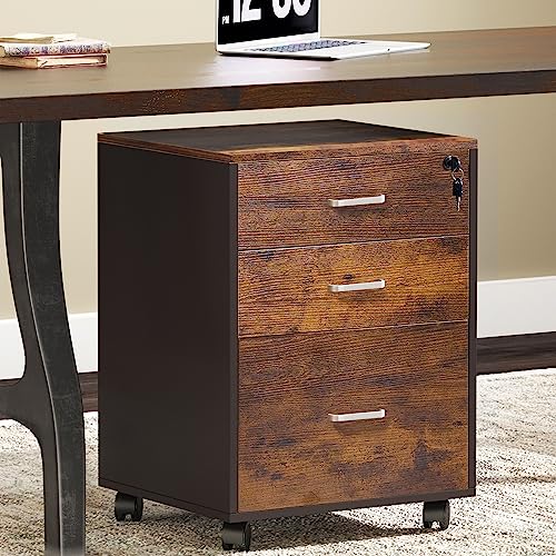 sogesfurniture Archivador Móvil con 3 Cajones, Archivador de Oficina con Ruedas y Cerradura, para Documentos, Carpetas de Archivo, 48 * 42 * 65cm, Marrón Rústico - imagen 2