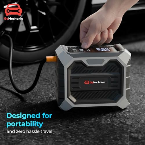 Image of GoMechanic Tyre Inflator for Car and Bike | Works with Both DC Port & Battery Operation | 150 PSI | 3 x 1800mAh Batteries | Rechargeable 12V DC | Multi-Nozzle Function | Digital Display & LED Light