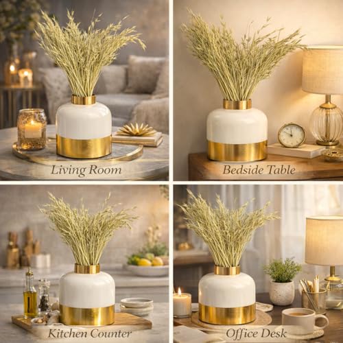 Image of MARKET 99 Golden & White Iron Enamel Flower Vase, Decorative Metal Vase for Fresh & Artificial Flowers, Table Centerpiece for Living Room, Office, Hotel, Restaurant, Reception & Home Decor