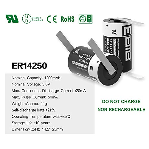 Eemb Er14250 Nonrechargeable 3.6V Lithium Battery With Tabs Li-Socl₂ 1/2 Aa Size 1200Mah High Capacity Ul Certified Single-Use 3.6V Lithium Thionyl Chloride Battery Do Not Charge Battery #TOP1