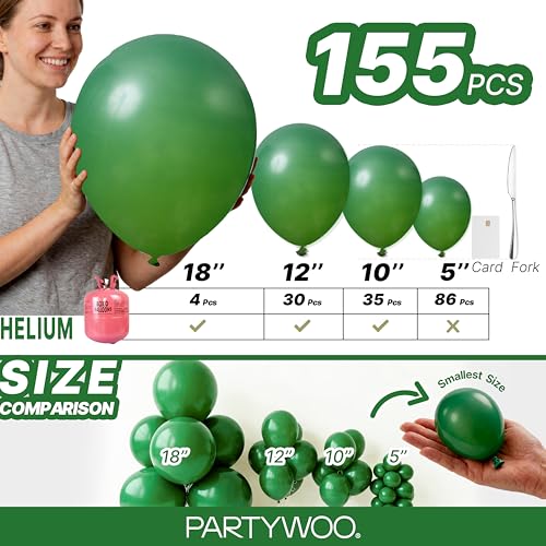 Image of PartyWoo Dark Green Balloons 155pcs Different Sizes of 18 12 10 5 Inch Emerald Hunter Forest Green Balloon Arch Kit for Birthday Christmas Graduation Dinosaur Jungle Theme Party Decorations Green-Y56