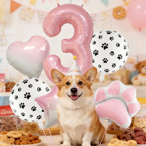 Image of 3rd Birthday Dog Paw Balloons Set,18'' Paw Prints, Heart,Star,Paw Shaped Foil Balloon 40 Inch Pink Number 3 Helium balloons for Puppy Themed Third Anniversary Birthday Party Decorations Supplies 6PCS