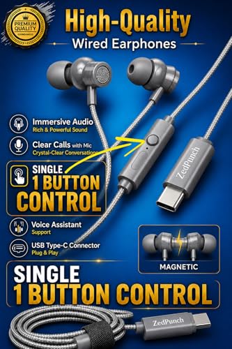 Image of ZedPunch Gaming Type-C Wired Earphone with Mic, 10mm Dynamic Bass Driver, Magnetic in-Ear Headphones, Low Latency Sound for Gaming, 1 Button Control, HD Calling, Voice Assistant (Grey)