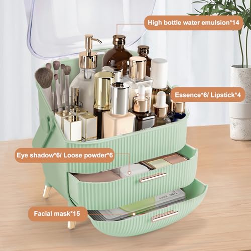 Image of Makeup Organizer for Vanity, Large Capacity Skincare Cosmetic Organizer Countertop with 2 Drawers, Cosmetic Display Cases Makeup Storage Box for Bedroom, Bathroom, Ideal Gifts for Women(Green)