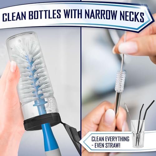 Image of Dish Brush Set of 4 - Kitchen Scrub Brushes with Non-Slip Long Handle for Cleaning, Scrubber, Dishwashing, Dishes, Bottles, Straws, Cups, Pots & Sink, Blue