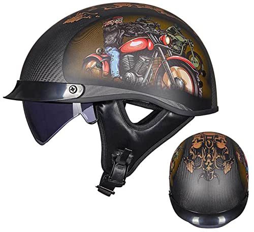 LXHCD CascoMotocicleta FibraCarbono Medio Casco Skull Cap Bowl Casco Guapo Aprobado por Dot/ECE Portátil Retro Moda HebillaLiberación RápidaPersonalidadCoolAdultos HombresMujeres 3,XL(59-60)