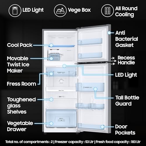 Image of Samsung 236 L, 3 Star, Digital Inverter, Frost Free Double Door Refrigerator (RT28C3053S8 /HL, Silver, Elegant Inox)