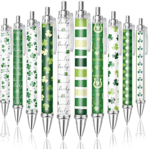 JarThenaAMCS 30Pcs St. Patrick's Day Ballpoint Pen Retractable Writing Pens Green Shamrock Clover Black Ink Pens for Irish Holiday Home Office Classroom Party Stationery Supplies