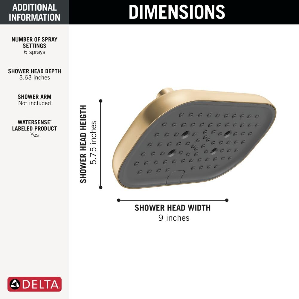 Delta Cabezal de ducha de 9 pulgadas, 6 ajustes, oro cepillado, 1.75 GPM, 52955-CZ-PR