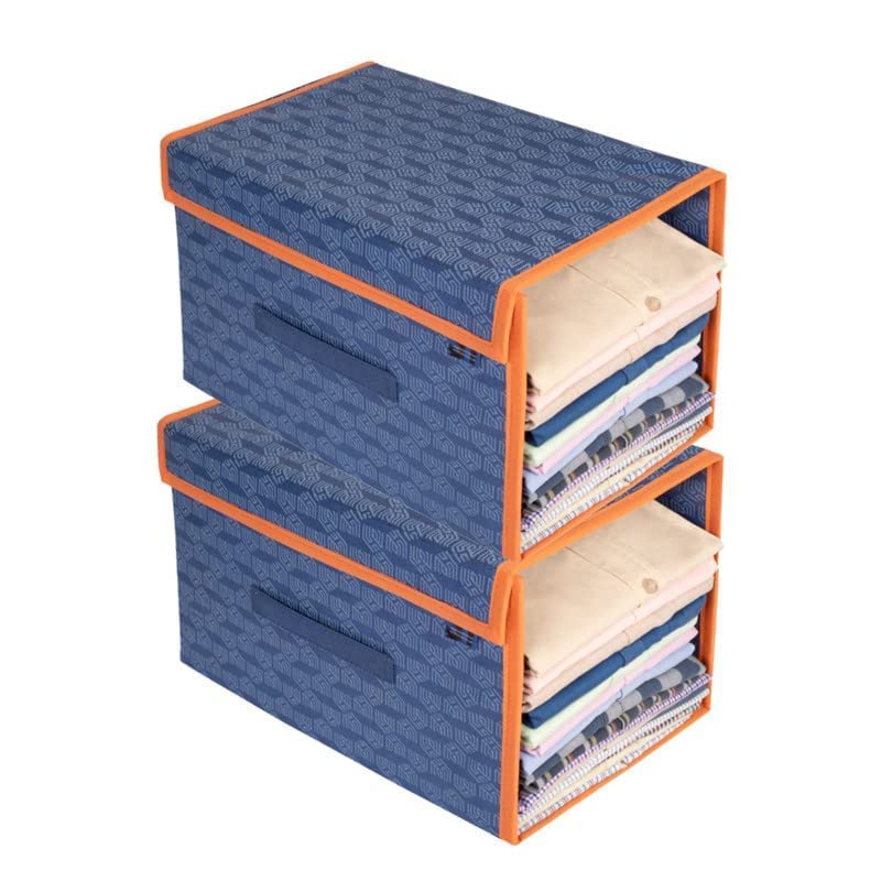 Homestrap Polypropylene Set of 2 Printed Shirt Stacker Cloth Storage Foldable Wardrobe/Closet Organizer With Lid For Wardrobe|Almirah (Navy Blue With Orange Border) (B0BCW5D9RV) Amazon Price History, Amazon Price Tracker