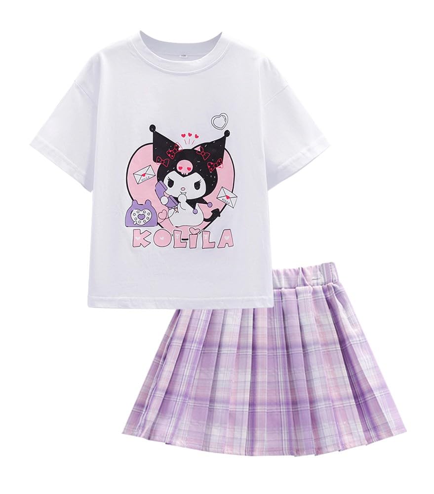 Cartoon Conjunto Falda y Top para Niñas Camiseta Manga Corta + Minifalda Plisada + Bolso de Dibujos Animados 3 Piezas Traje